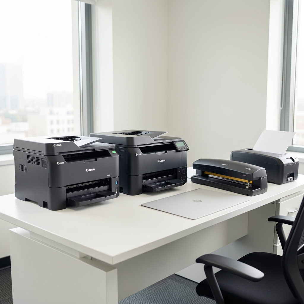 Professional office setup with multiple Canon and HP printers, document shredder and laminator arranged on modern white office desk with natural lighting