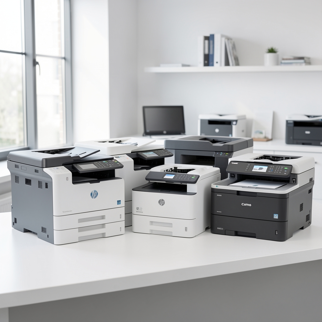 Multiple modern office laser printers and inkjet printers arranged on white desk for comparison review, HP and Canon printer models side by side