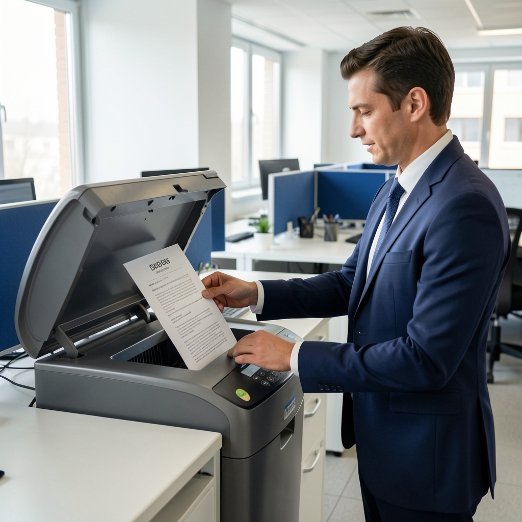 Office worker feeding sensitive documents into shredder machine, data protection concept in Serbian business office environment
