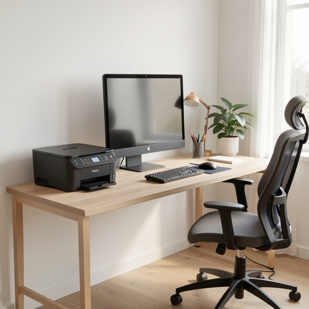Modern home office setup with compact printer, monitor and ergonomic desk accessories in bright Scandinavian style interior