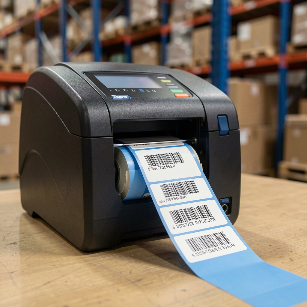 Close up of modern Zebra label printer printing barcode stickers in warehouse setting, thermal labels on blue label roll