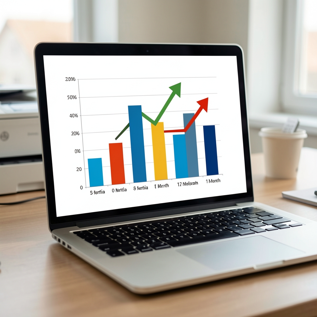 Bar chart showing office printer prices in Serbia over 12 months with upward and downward trends displayed on laptop screen