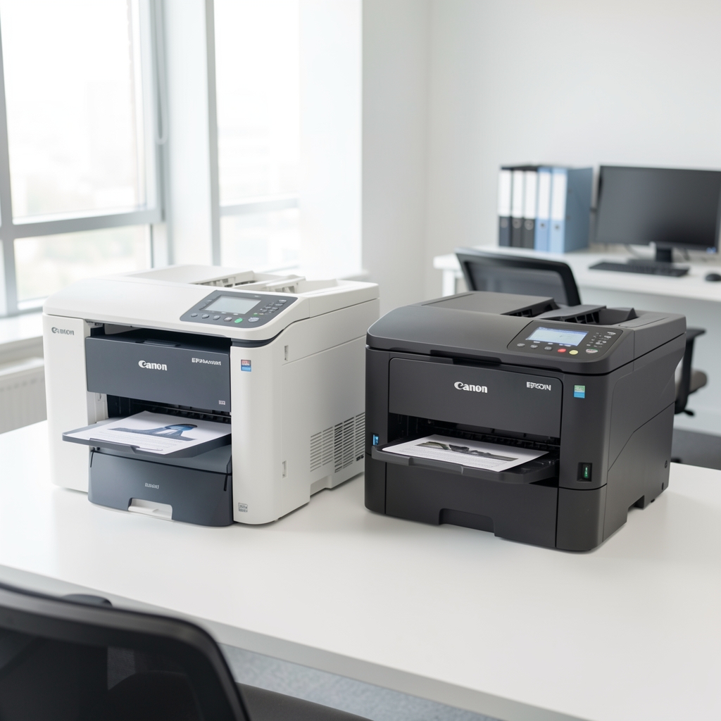 Canon and Epson document scanners side by side on white office desk showing ADF document feeders and scanning quality comparison