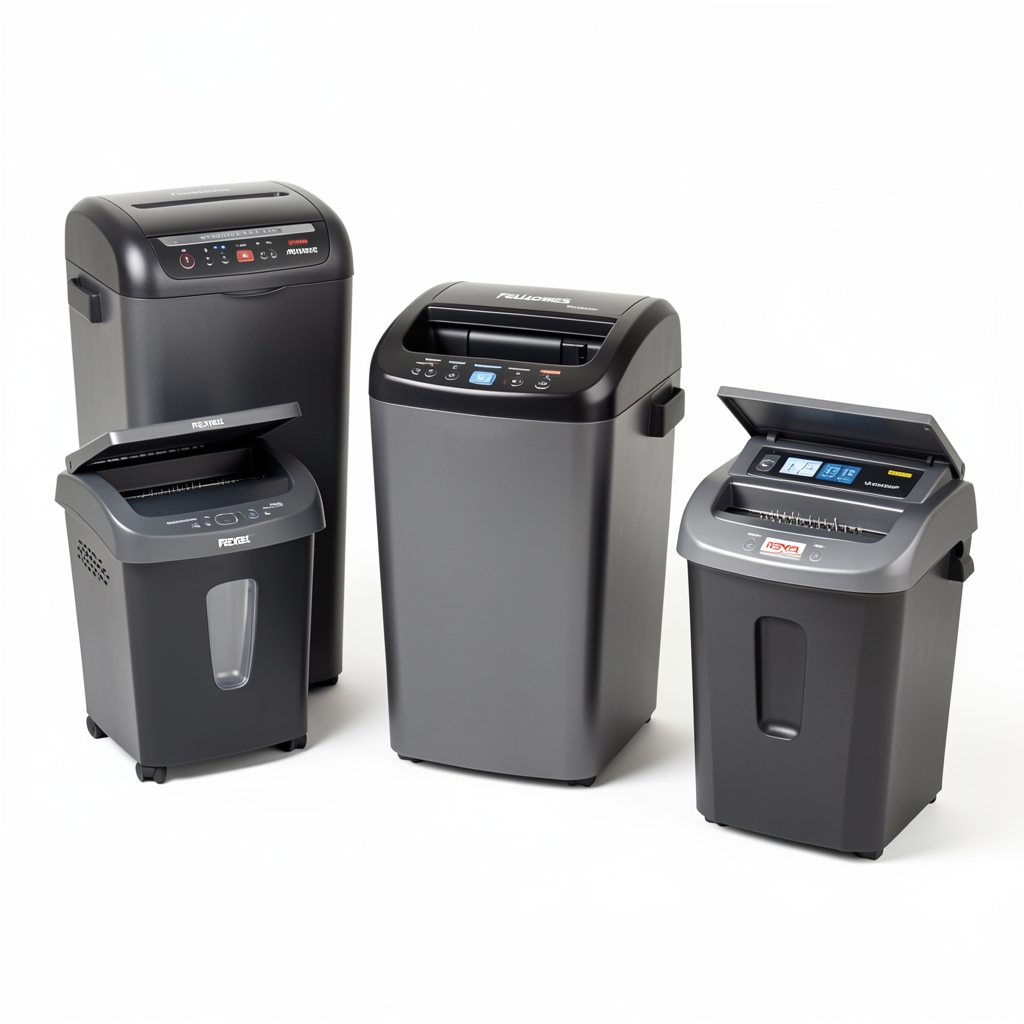 Various paper shredders from Fellowes and Rexel brands displayed on white background showing different sizes and security levels