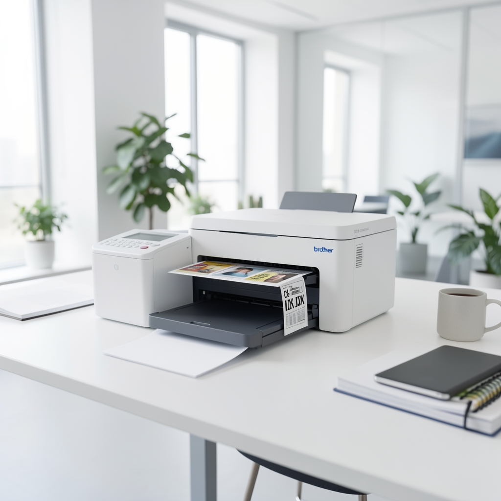 Brother QL-1110NWB wide format wireless label printer in white, supports wide DK labels up to 103mm for professional use