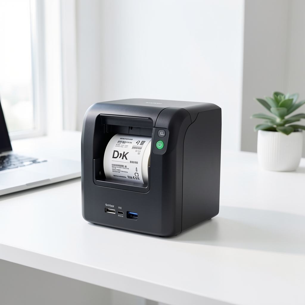 Brother QL-820NWB professional label printer with wireless connectivity on white background, compact desktop device with black casing