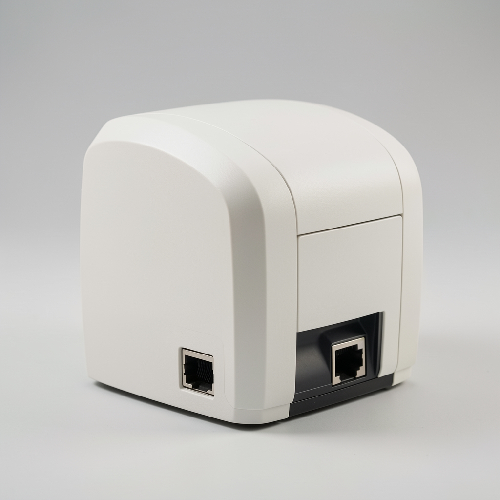 Zebra ZD230 compact direct thermal desktop label printer in white with USB and Ethernet ports, entry level barcode printer