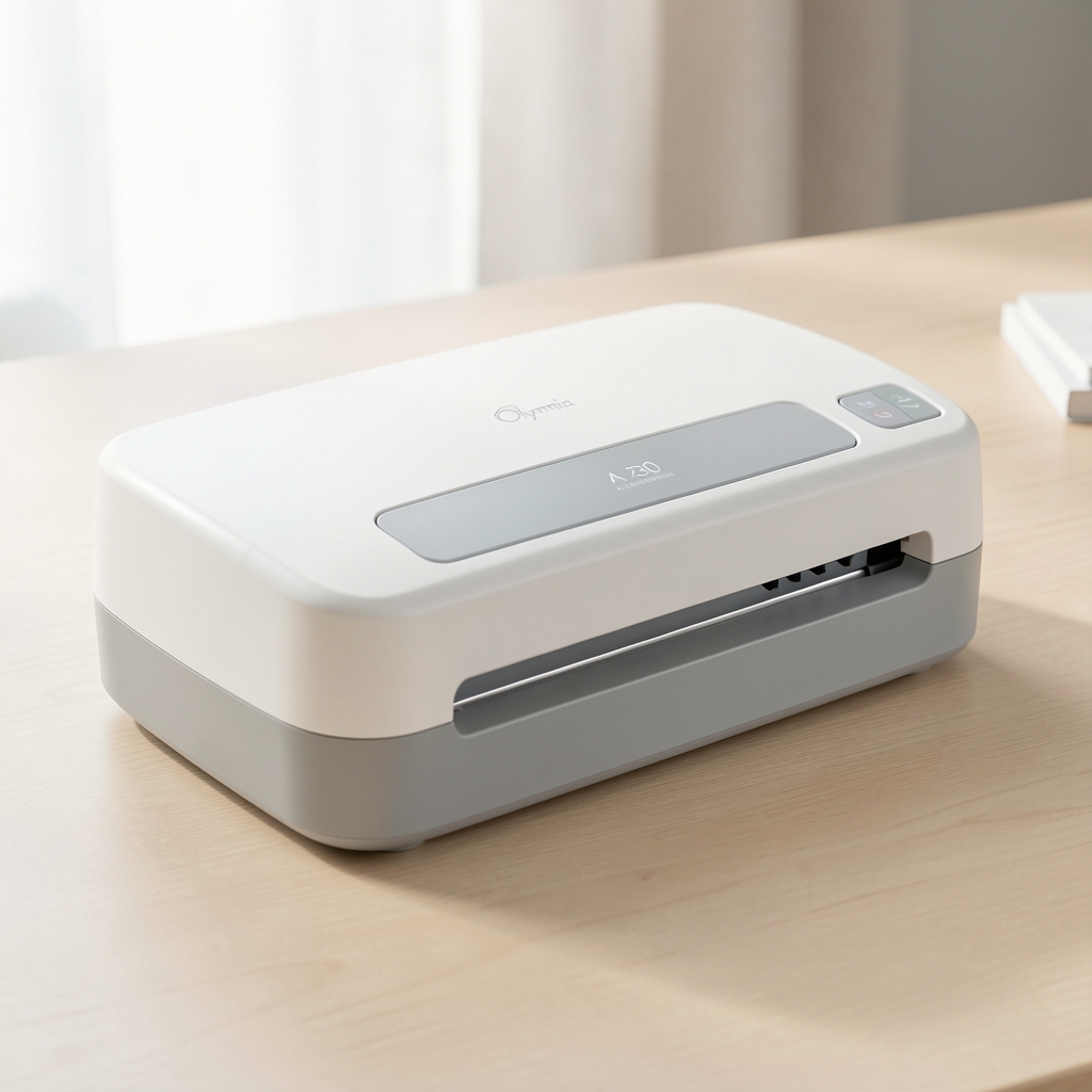 Olympia A 230 compact A4 laminator in white and light grey, entry level home and office document laminating device