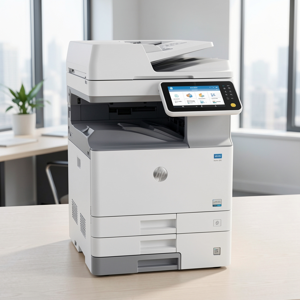 HP LaserJet Pro MFP M428fdw multifunction laser printer in white and grey with automatic document feeder on top and control panel touchscreen display